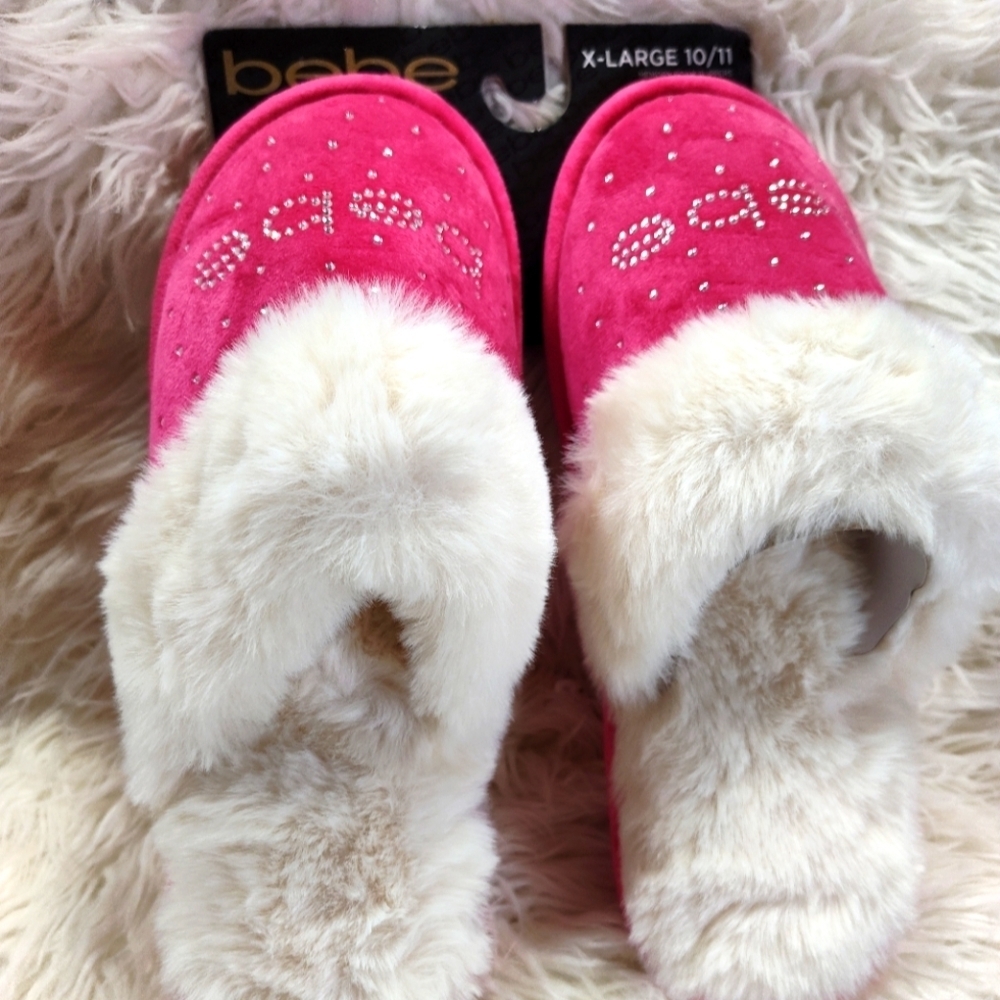 Bebe Rhinestone Faux Fur Pink Slippers XL 10/11